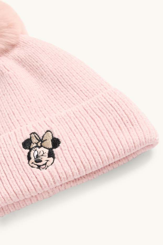 Enfants filles - Minnie Mouse - bonnet à pompon - côtelé - rose clair