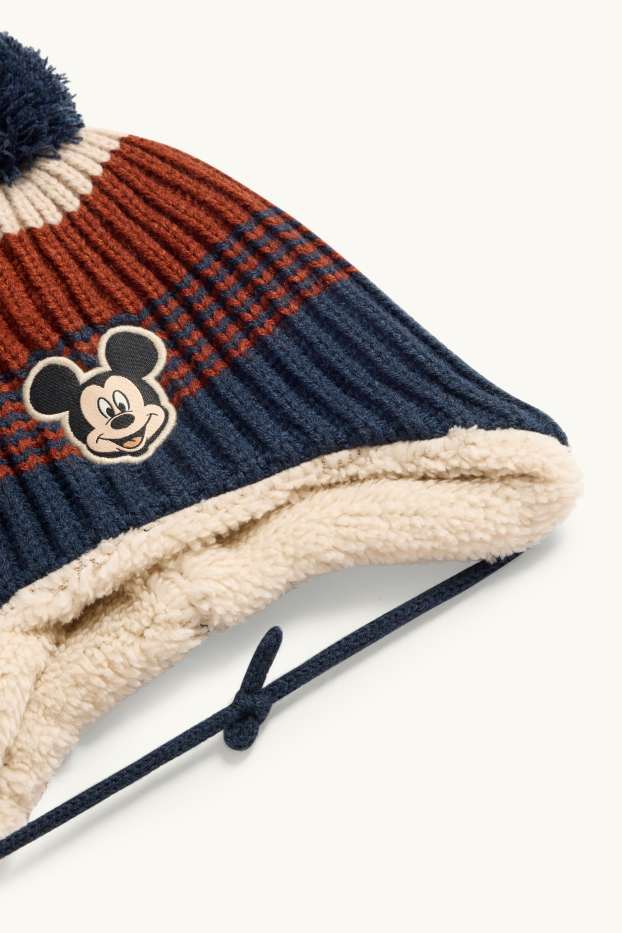 Baby Boys - Mickey Mouse - baby thermal pom-pom hat - striped - ribbed - brown / dark blue