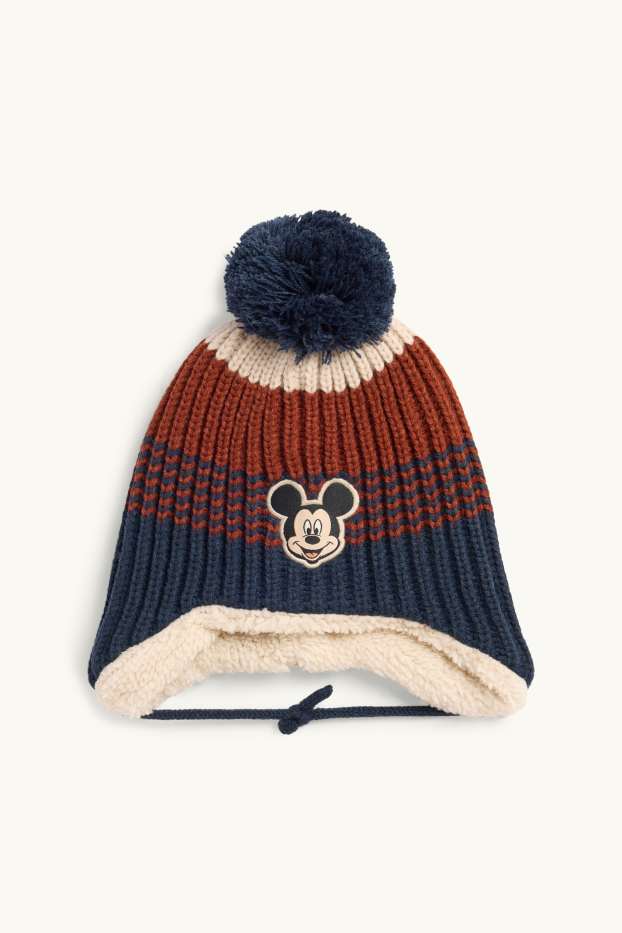 Baby Boys - Mickey Mouse - baby thermal pom-pom hat - striped - ribbed - brown / dark blue