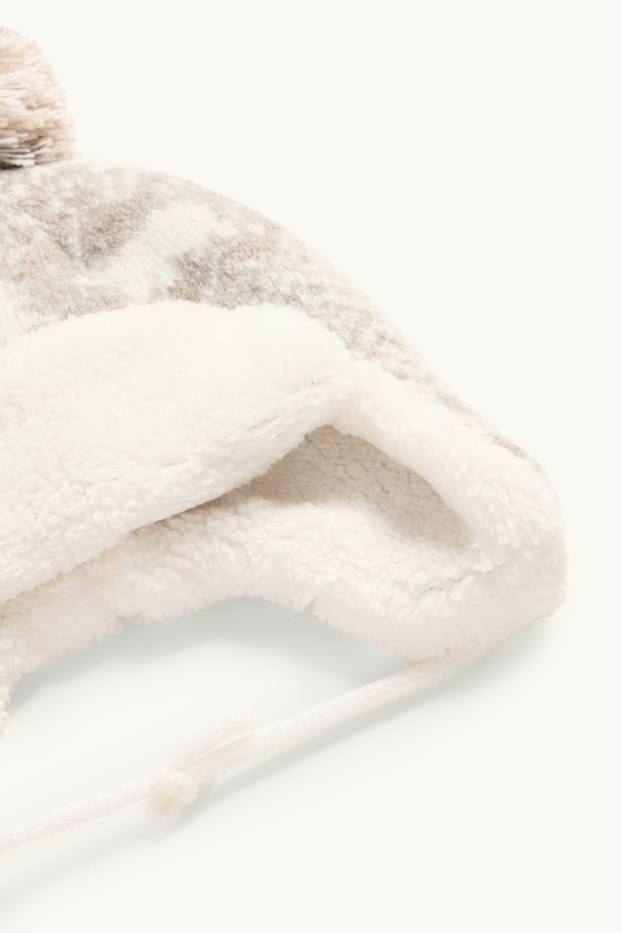 Baby: jongens - Beertje en denneboom - babymuts met pompon - wit / beige