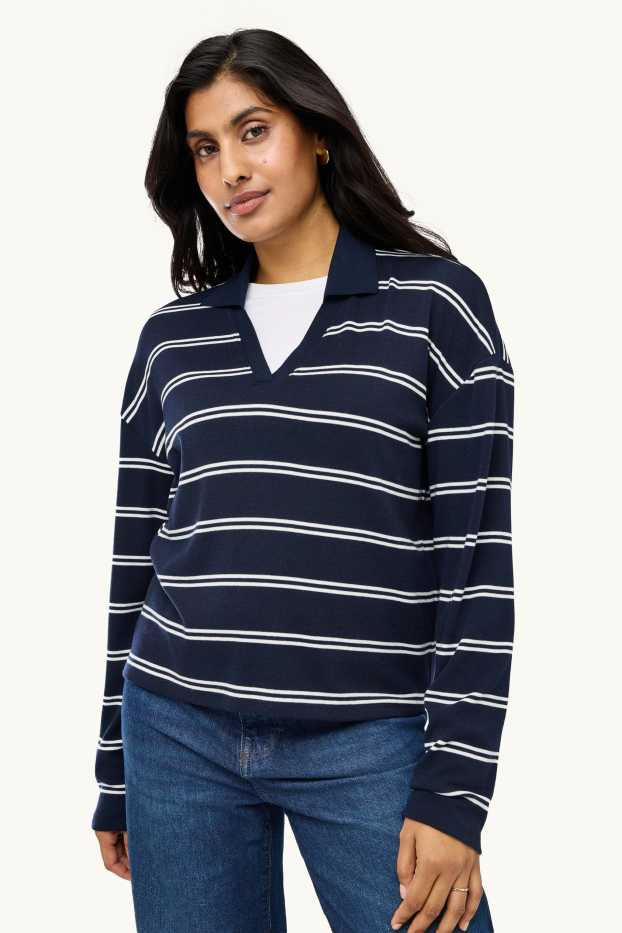 Femei - Tricou cu mânecă lungă cu decolteu în V - regular fit - cu dungi - albastru închis / alb