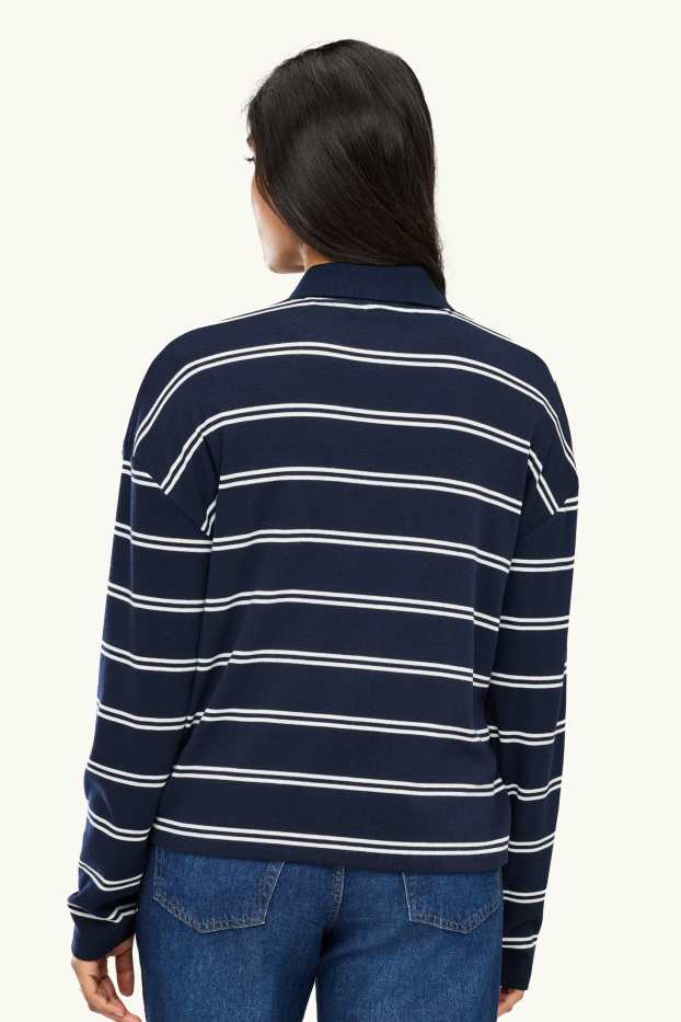 Femei - Tricou cu mânecă lungă cu decolteu în V - regular fit - cu dungi - albastru închis / alb