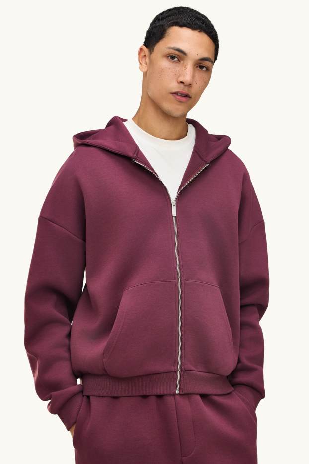 Hommes - Sweat zippé en molleton avec capuche - bordeaux