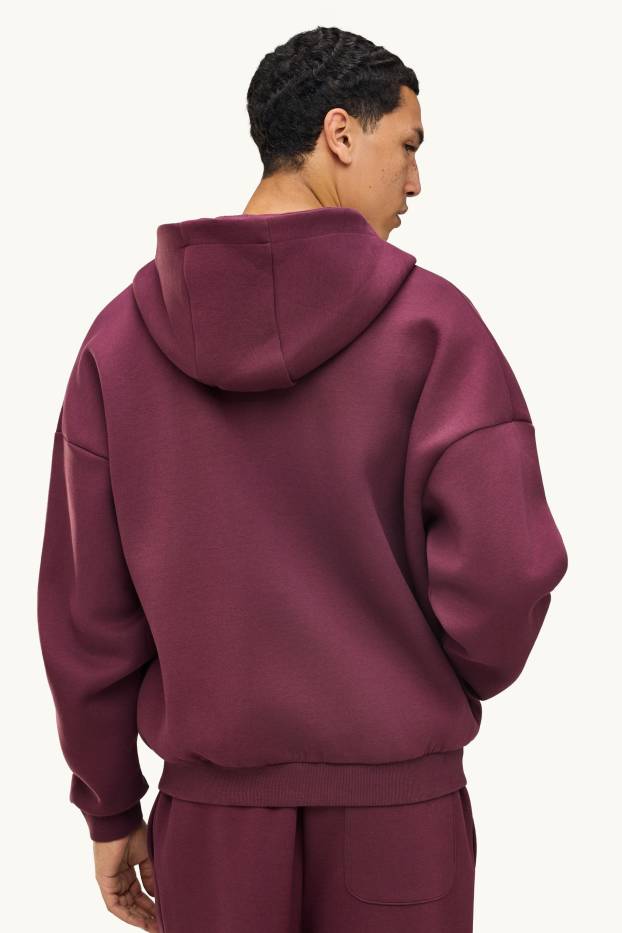 Hommes - Sweat zippé en molleton avec capuche - bordeaux