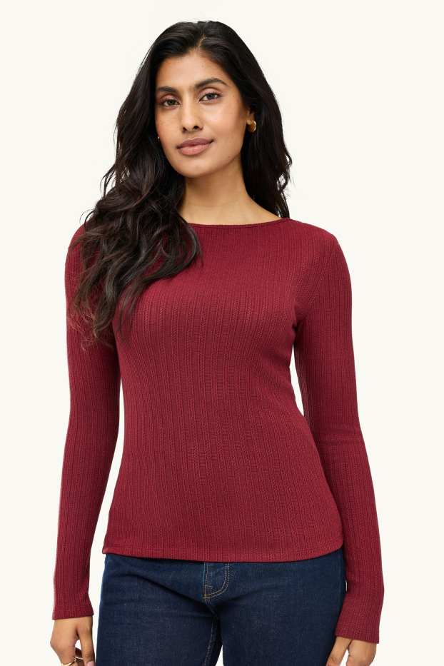 Damen - Langarmshirt - Regular Fit - gerippt - dunkelrot