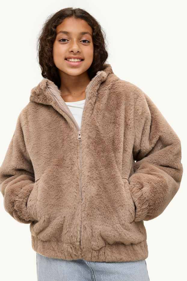 Bambine - Giacca in pelliccia sintetica con cappuccio - marrone
