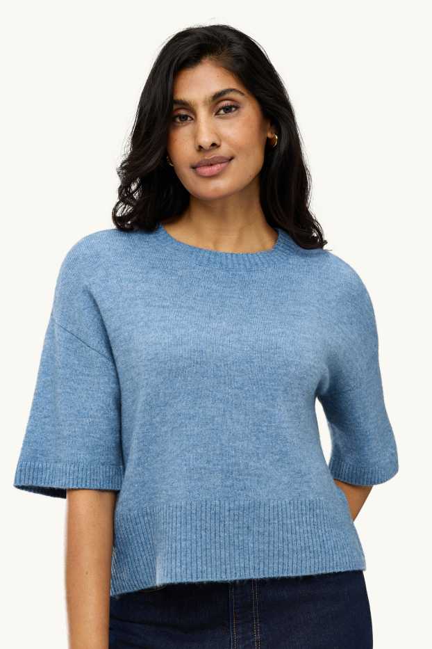 Damen - Strickpullover - kurzarm - hellblau