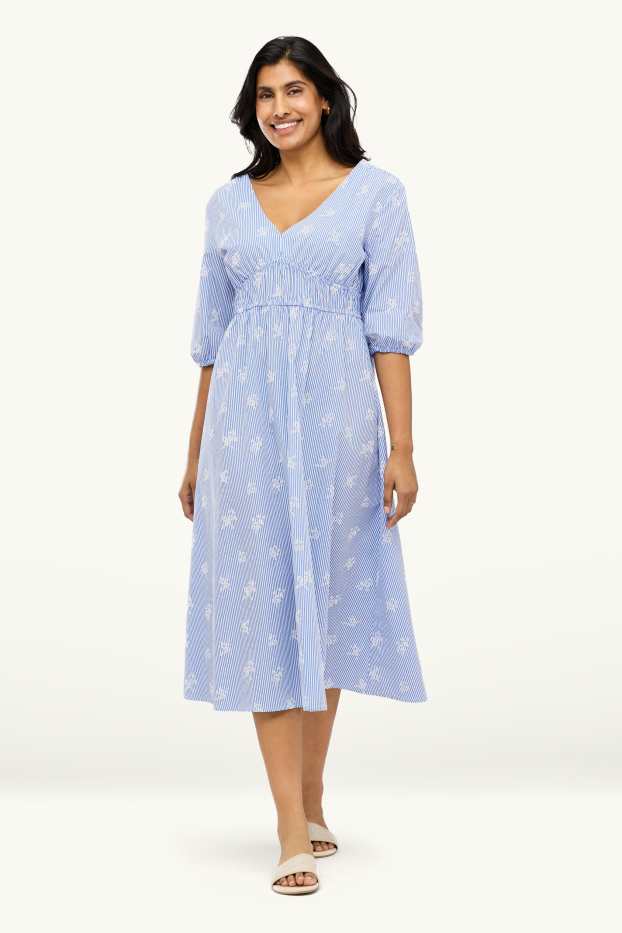 Damen - Empirekleid mit V-Ausschnitt - bestickt - gestreift - blau / weiß