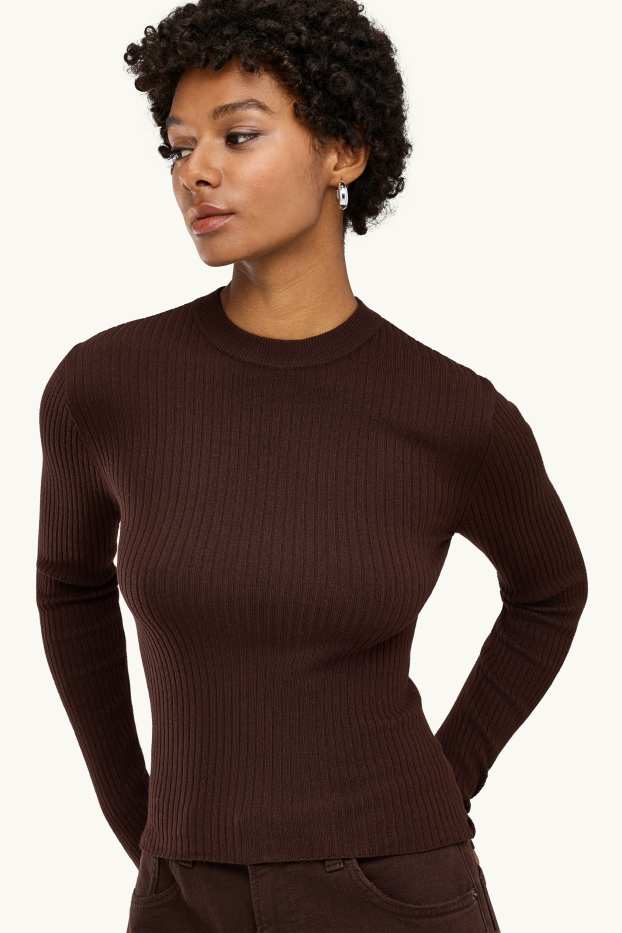 Femmes - Pull - finition côtelée - marron foncé