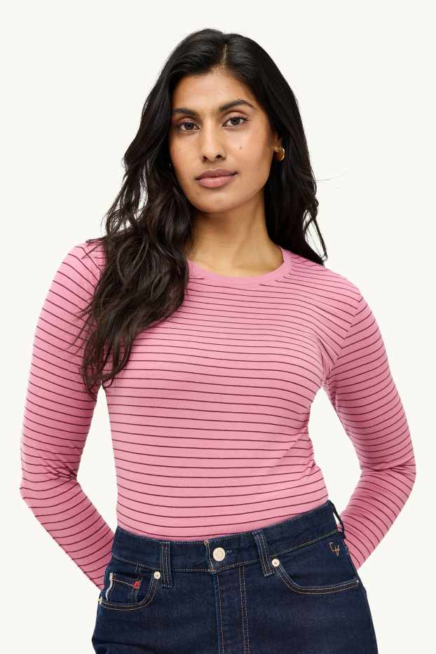 Dona - Samarreta de màniga llarga - slim fit - de ratlles - rosa/vermell
