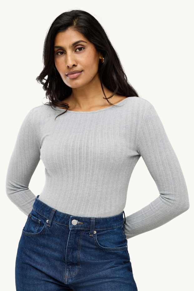 Damen - Langarmshirt - Regular Fit - gerippt - hellgrau