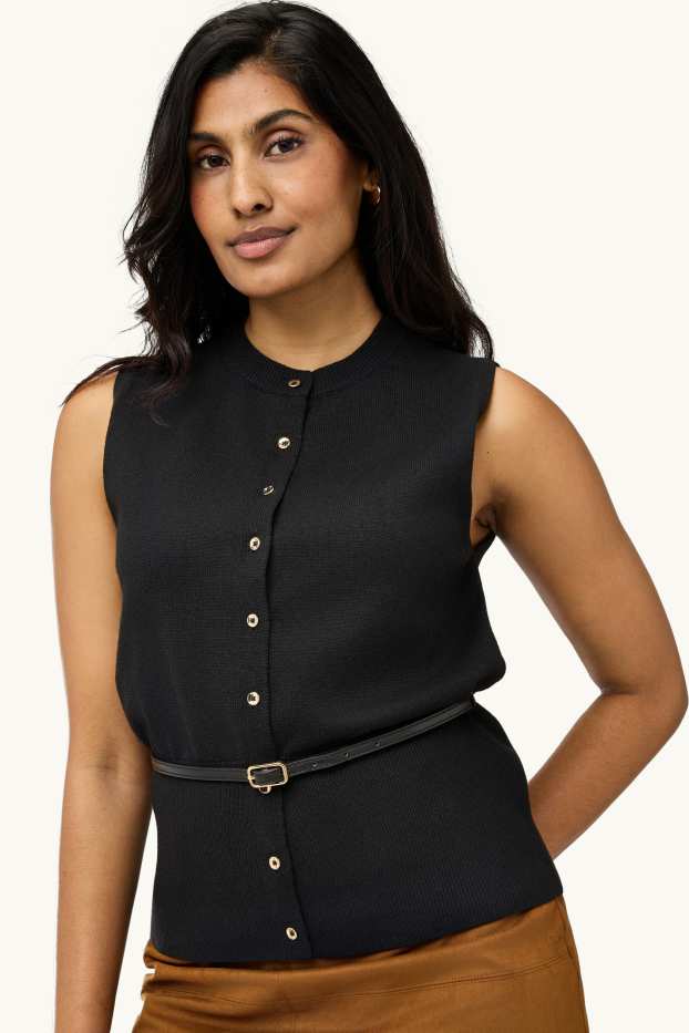 Women - Knitted waistcoat with belt - black