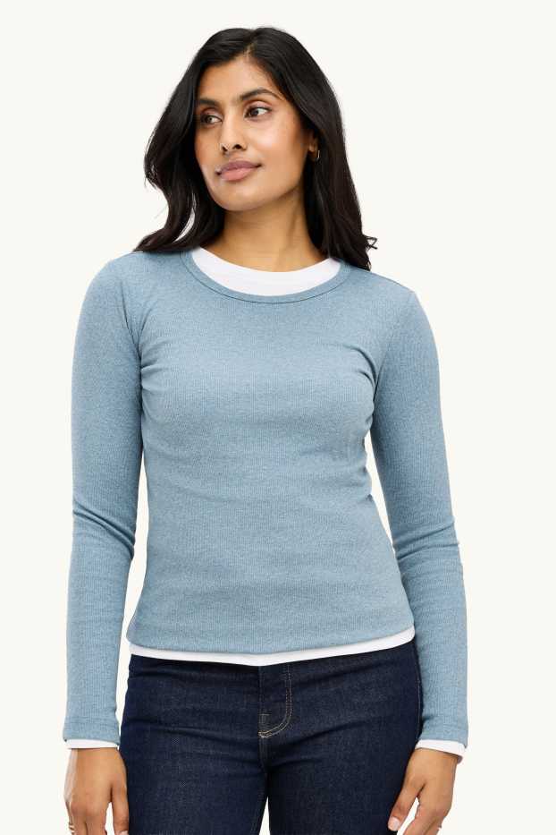 Dona - Samarreta de màniga llarga - slim fit - acanalada - blau clar