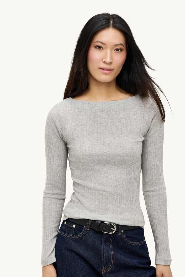 Damen - Langarmshirt - Regular Fit - gerippt - hellgrau