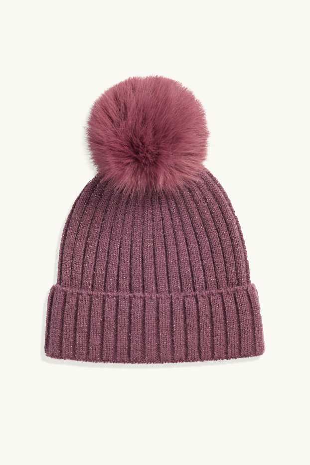 Kinderen: meisjes - Muts met pompon - geribd - glanseffect - paars