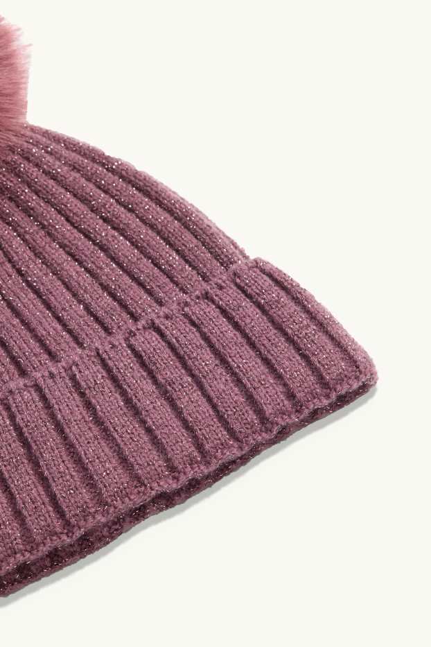 Kinderen: meisjes - Muts met pompon - geribd - glanseffect - paars