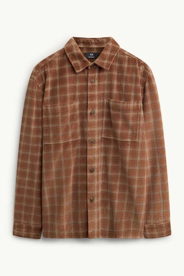 Hommes - Chemise en velours côtelé - relaxed fit - col kent - à carreaux - marron / beige