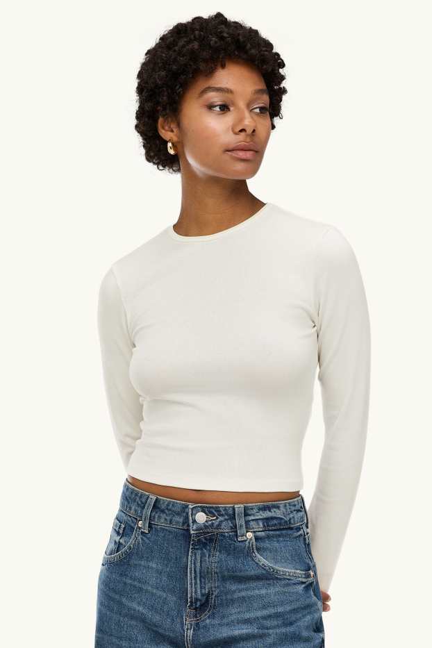 Femei - Tricou cu mânecă lungă - slim fit - alb-crem