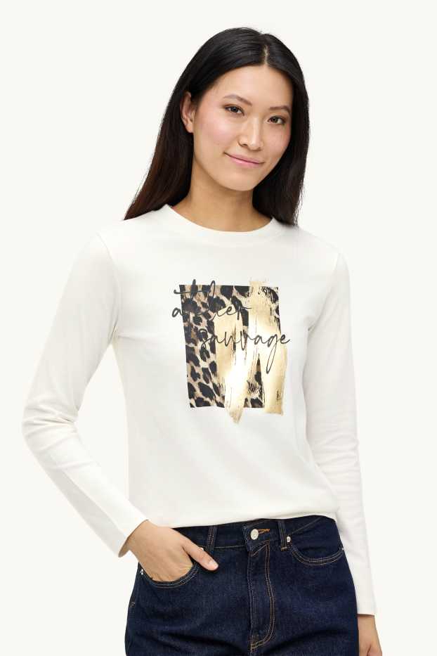 Femei - Tricou cu mânecă lungă - regular fit - imprimeu de leopard - aspect lucios - alb / auriu