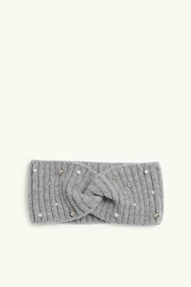 Donna - Fascetta per la fronte con strass, perle e nodo - grigio chiaro melange