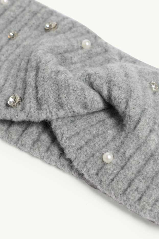 Donna - Fascetta per la fronte con strass, perle e nodo - grigio chiaro melange