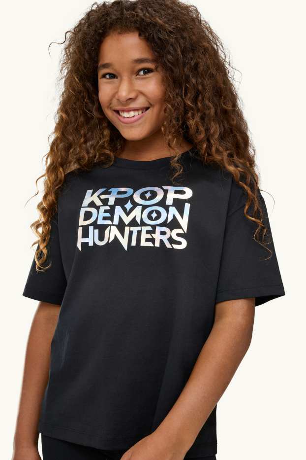 Children Girls - K-Pop Demon Hunters - short sleeve T-shirt - shiny - black
