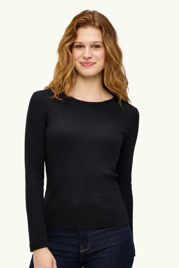 Femei - Tricou cu mânecă lungă - slim fit - reiat - negru