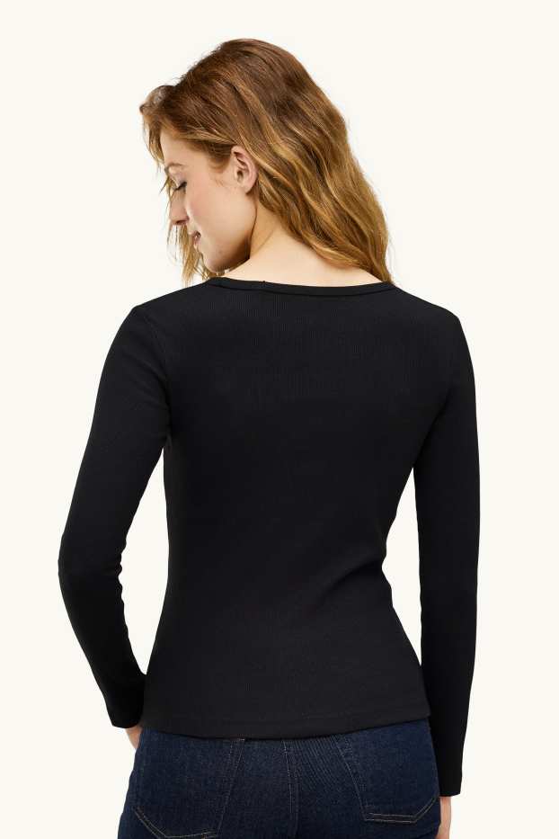 Femei - Tricou cu mânecă lungă - slim fit - reiat - negru