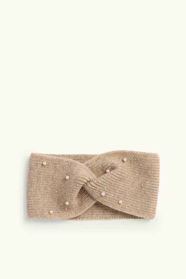 Kinderen: meisjes - Hoofdbandje met pareltjes en knoop in de stof - geribd - beige