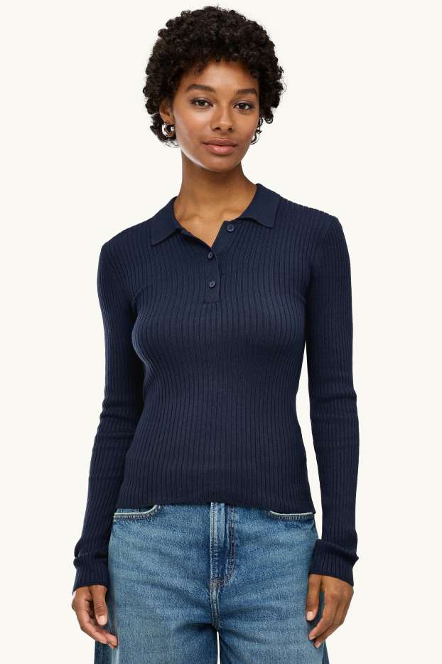 Dames - Poloshirt met lange mouwen - slim fit - ribstof - donkerblauw