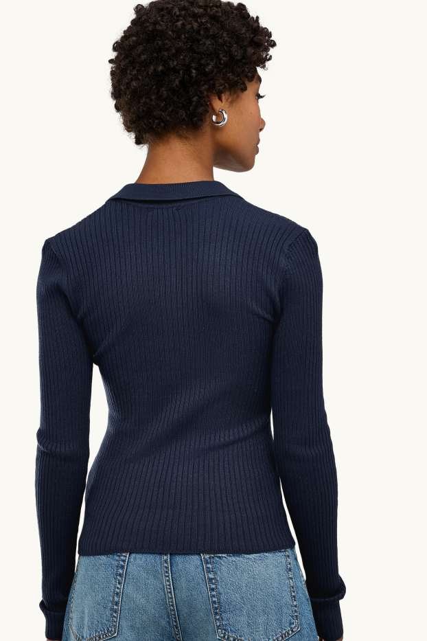 Dames - Poloshirt met lange mouwen - slim fit - ribstof - donkerblauw