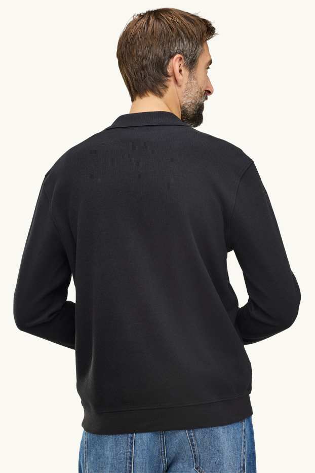 Herren - Langarm-Poloshirt - Relaxed Fit - gerippt - schwarz