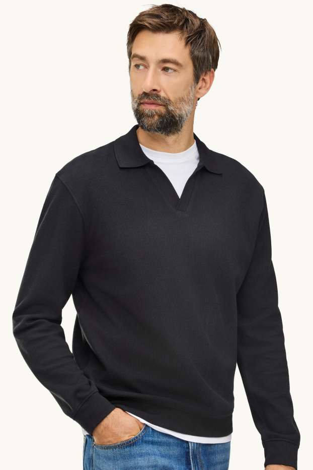 Herren - Langarm-Poloshirt - Relaxed Fit - gerippt - schwarz