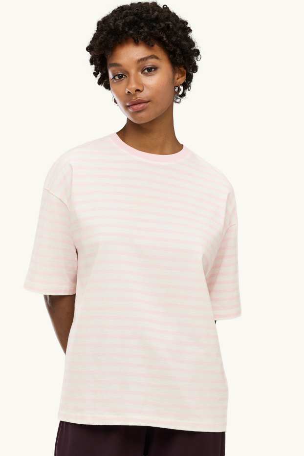 Damen - T-Shirt - Oversized - gestreift - weiß / rosa
