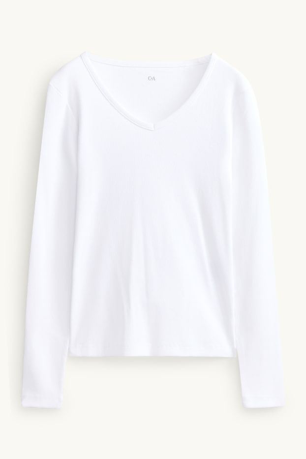 Femmes - Haut à manches longues avec encolure en V - slim fit - blanc