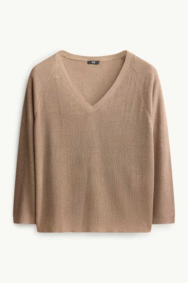 Damen - Pullover mit V-Ausschnitt - Glanz-Effekt - hellbraun