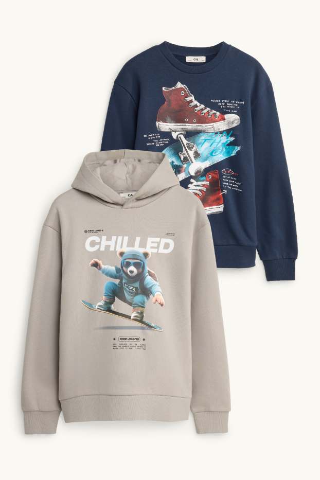 Bambini - Confezione da 2 - orso e skateboard - felpa con cappuccio e maglia girocollo - blu scuro