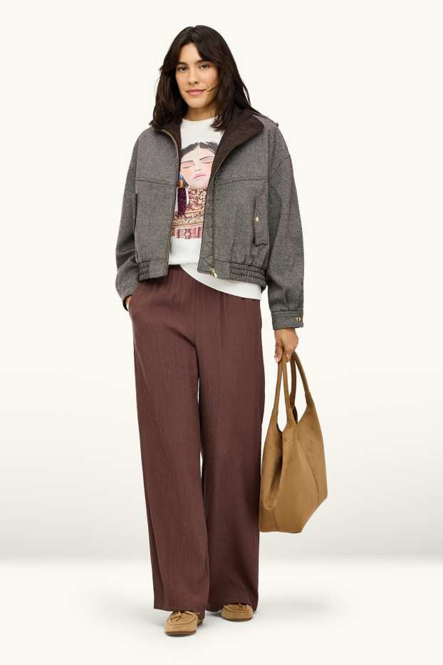 Donna - Pantaloni - vita media - gamba larga - marrone scuro