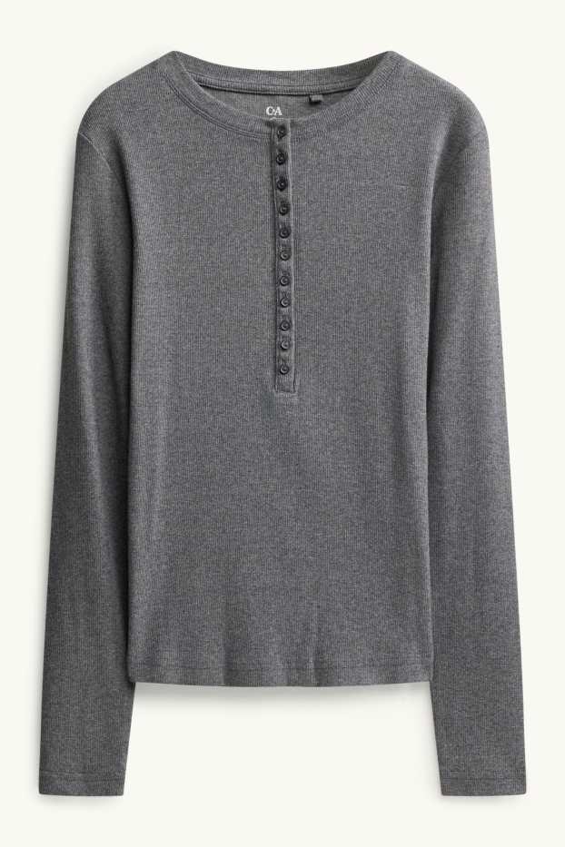 Women - Henley T-shirt - slim fit - ribbed - dark gray melange