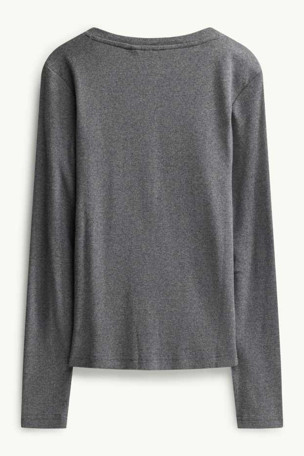 Women - Henley T-shirt - slim fit - ribbed - dark gray melange