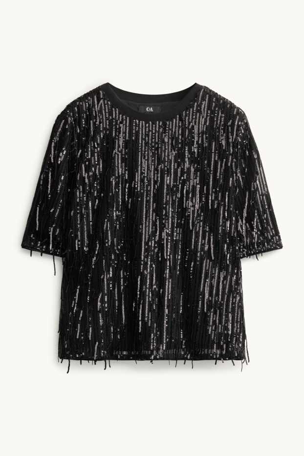 Damen - Chiffon-Pailletten-Bluse - schwarz / silber