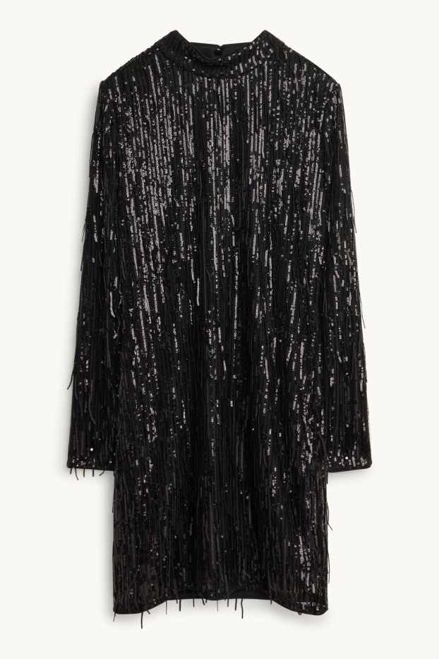 Dames - Jurk van chiffon met pailletten en franjes - straight fit - zwart