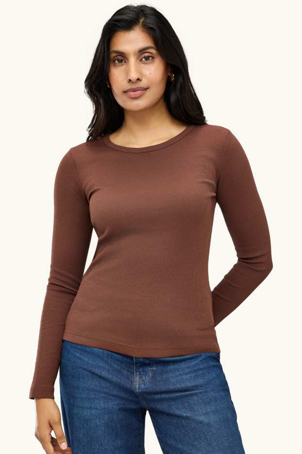 Women - Long sleeve top - slim fit - ribbed - brown