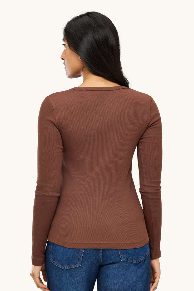 Women - Long sleeve top - slim fit - ribbed - brown