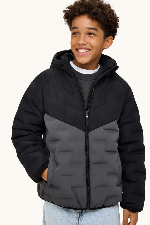 Kinder Jungen - Steppjacke mit Kapuze - wasserabweisend - schwarz / dunkelgrau
