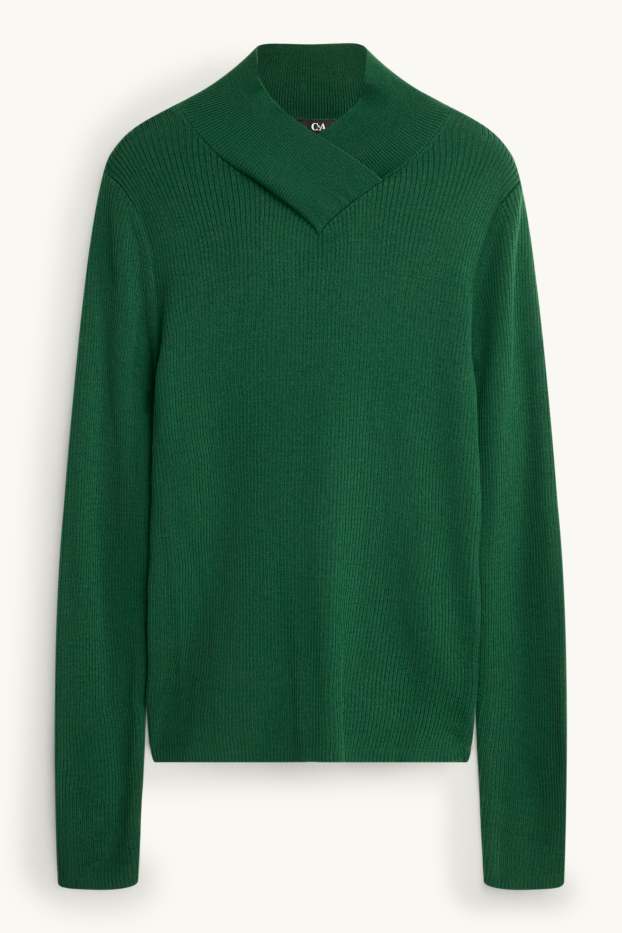 Damen - Pullover mit V-Ausschnitt - gerippt - Woll-Mix - dunkelgrün