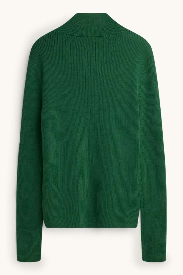 Damen - Pullover mit V-Ausschnitt - gerippt - Woll-Mix - dunkelgrün
