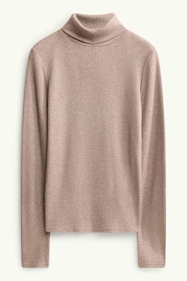 Women - Turtleneck top - ribbed - light brown