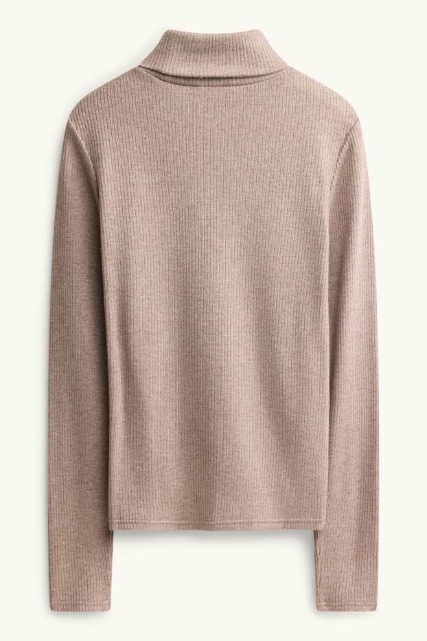Women - Turtleneck top - ribbed - light brown
