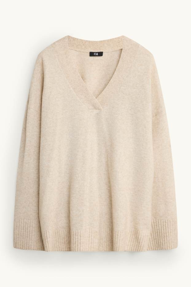 Femmes - Pull avec encolure en V - beige chiné